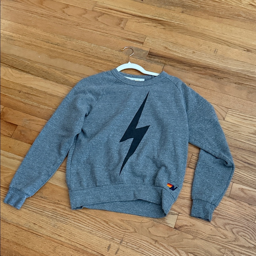 Aviator Nation Gray Sweatshirt with Black Lightning Bolt